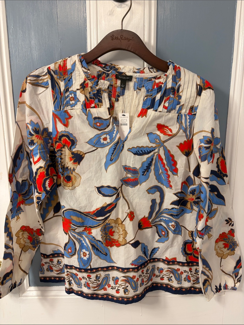 Talbots Floral Pintuck Cotton Blouse in White, Blue, Red